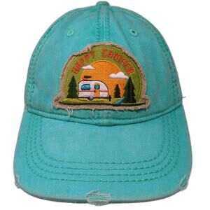 Wild Wear Baseball Cap Blue OS Happy Camper Embroidered Distressed Hat